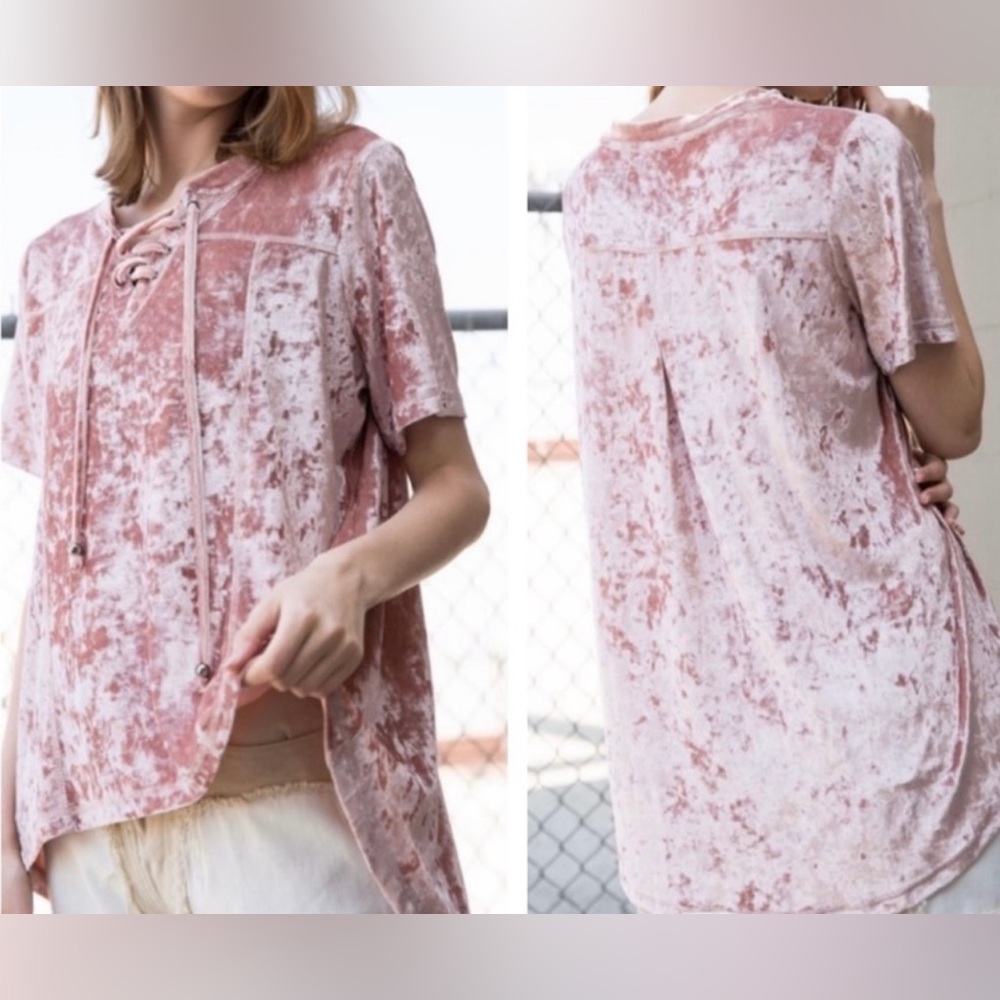 POL Blush Crushed Velvet Lace-Up Top